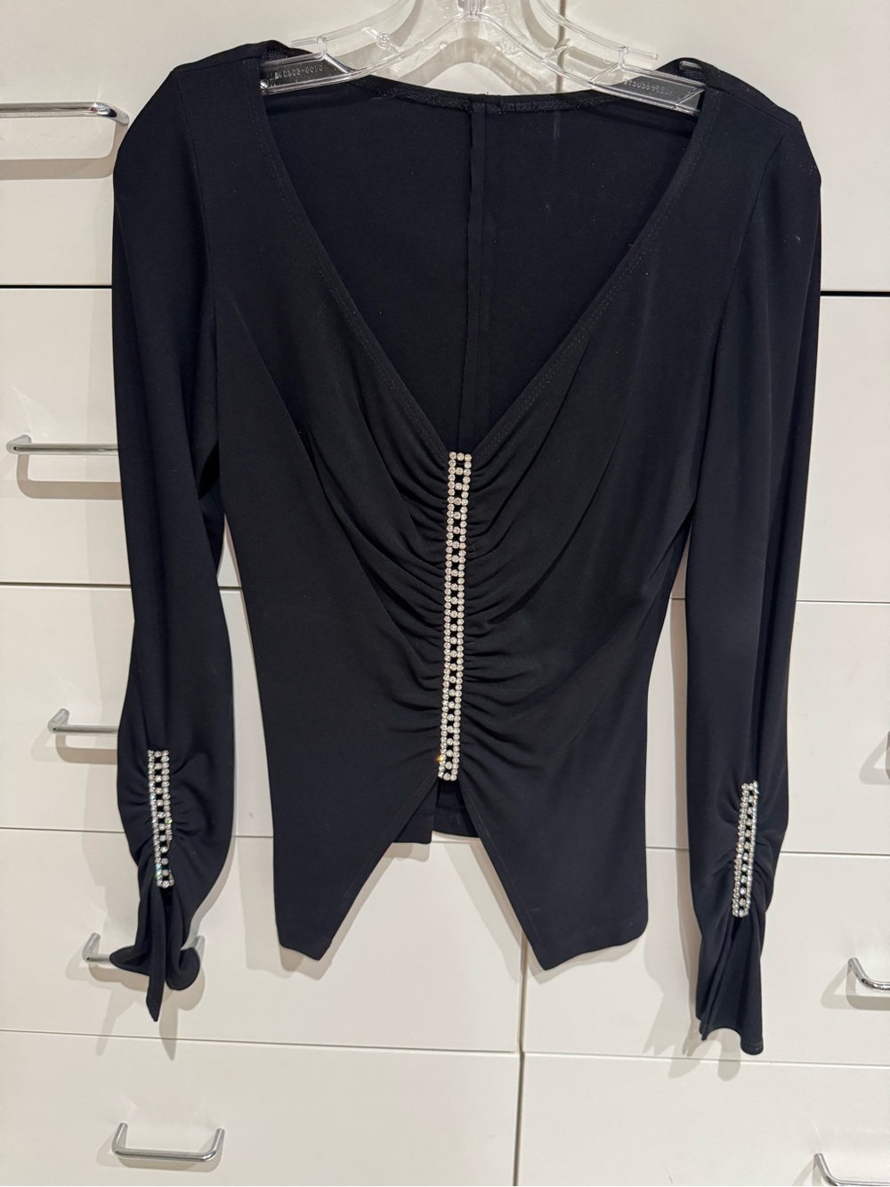 Black Women's V-Neck Rhinestone-Embellished Long Sleeve Top